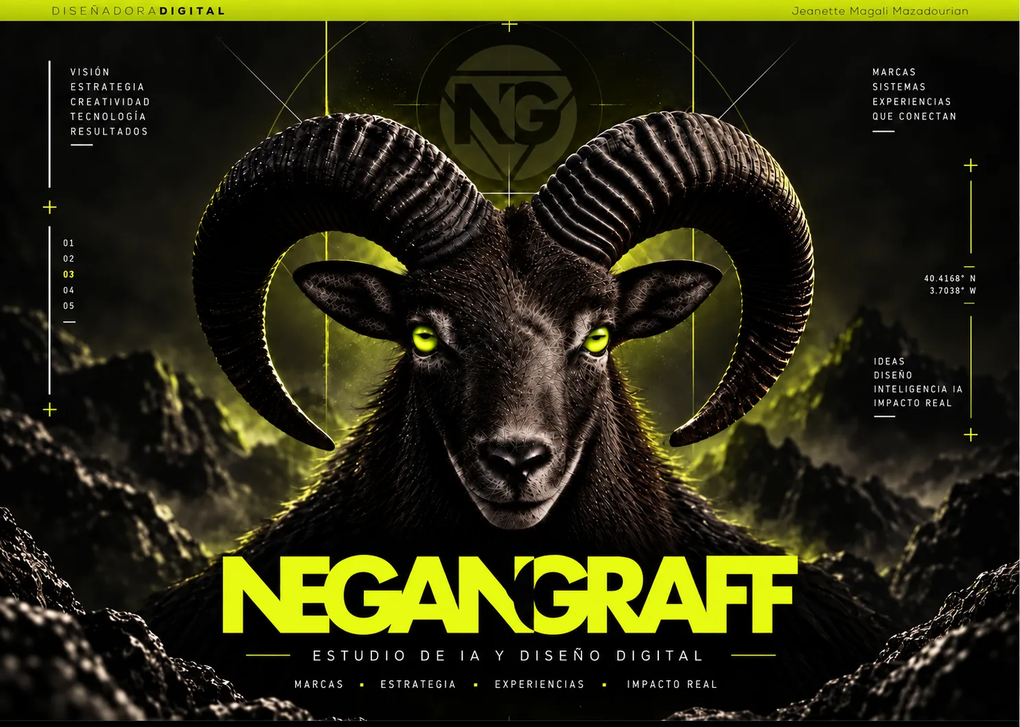 Portada de la identidad NeganGraff: el carnero negro de ojos neón sobre montañas oscuras